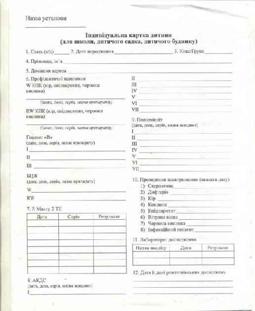 Індивідуальна картка дитини школи, ДНЗ, дит. будинку Ранок