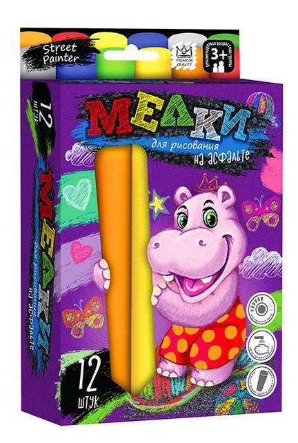 Крейда для малювання на асфальті велика 12 шт. Бегемотик Danko Toys - фото 1