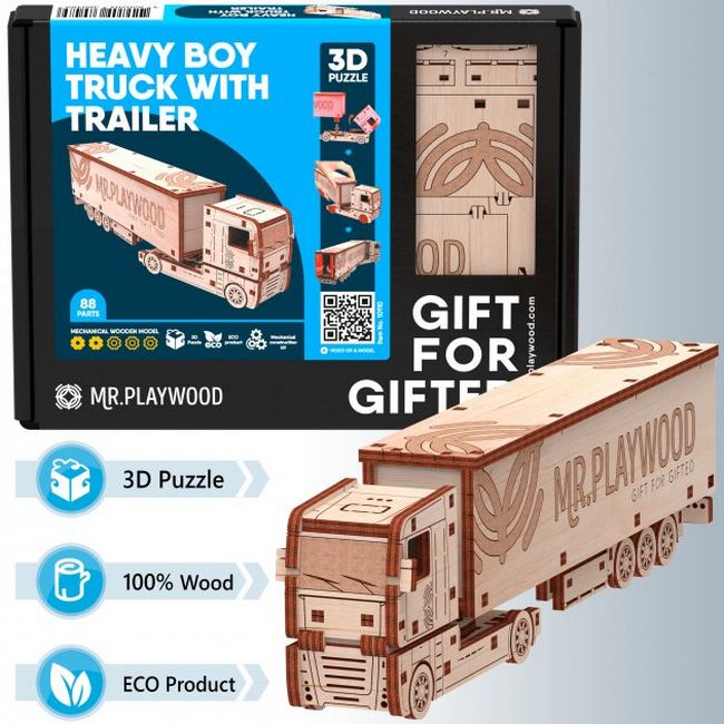 Вантажівка з причепом. Механічна деревяна 3D-модель - фото 1