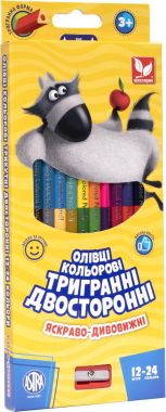Олівці кольорові тригранні двосторонні + чинка - 24 кольори (12 шт.) - Фломастери та олівці