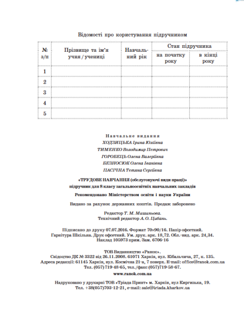 Підручник Трудове навчання 8 клас Нова програма Авт: Ходзицька І. Тименко В. Горобець О. Безносюк О. Пасічна Т. Вид-во: Ранок - фото 13